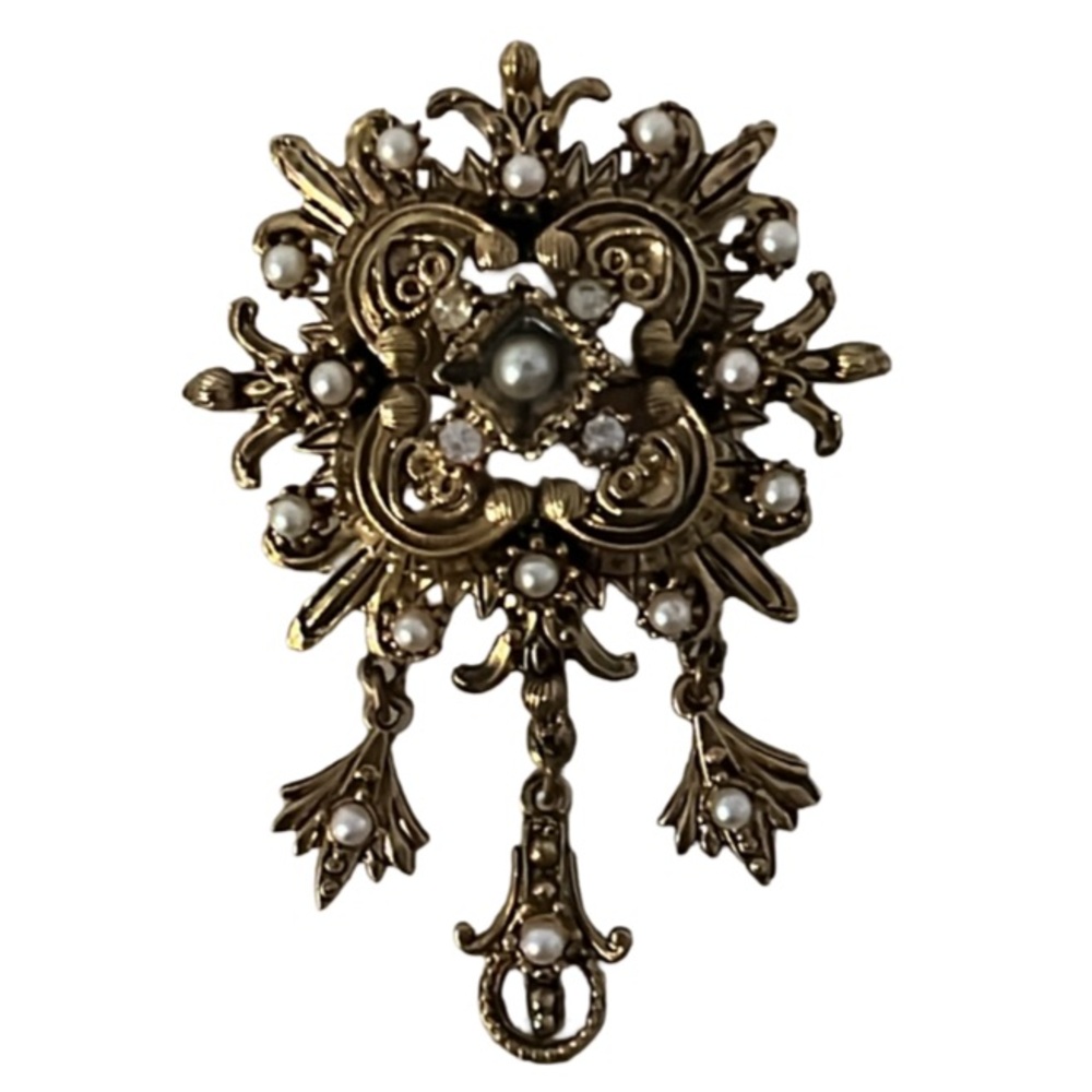 Vintage Art Deco French Fluer De Lis Gold Plated and Pearl Brooch - Picture 1 of 9